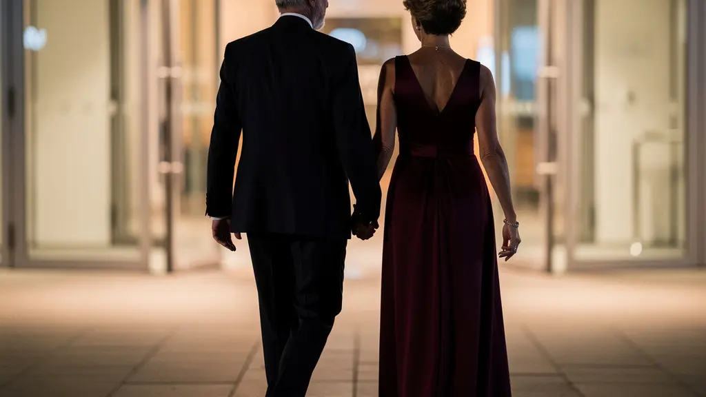 Couple élégant marchant vers l'entrée illuminée d'une salle de concert en tenue de soirée