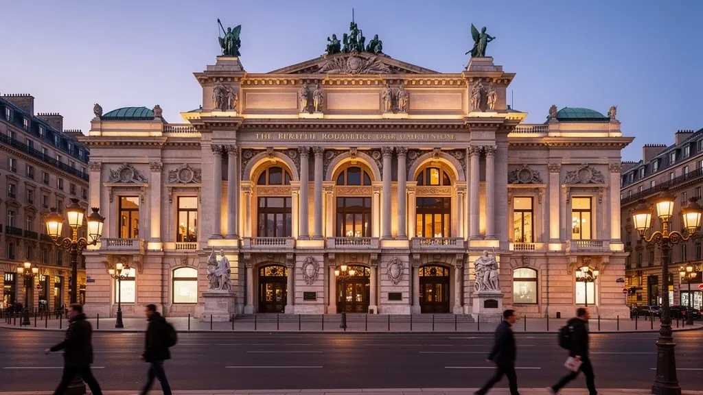 Façade illuminée d'un opéra européen au crépuscule avec passants en arrière-plan flou