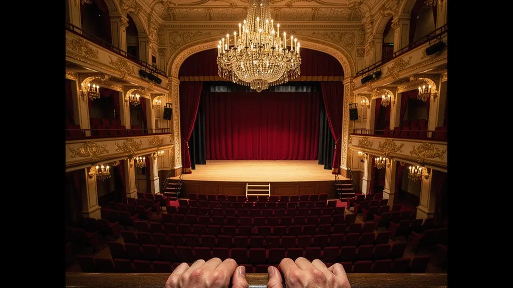 Intérieur d'une salle de concert historique européenne avec fauteuils velours rouge et lustre en cristal